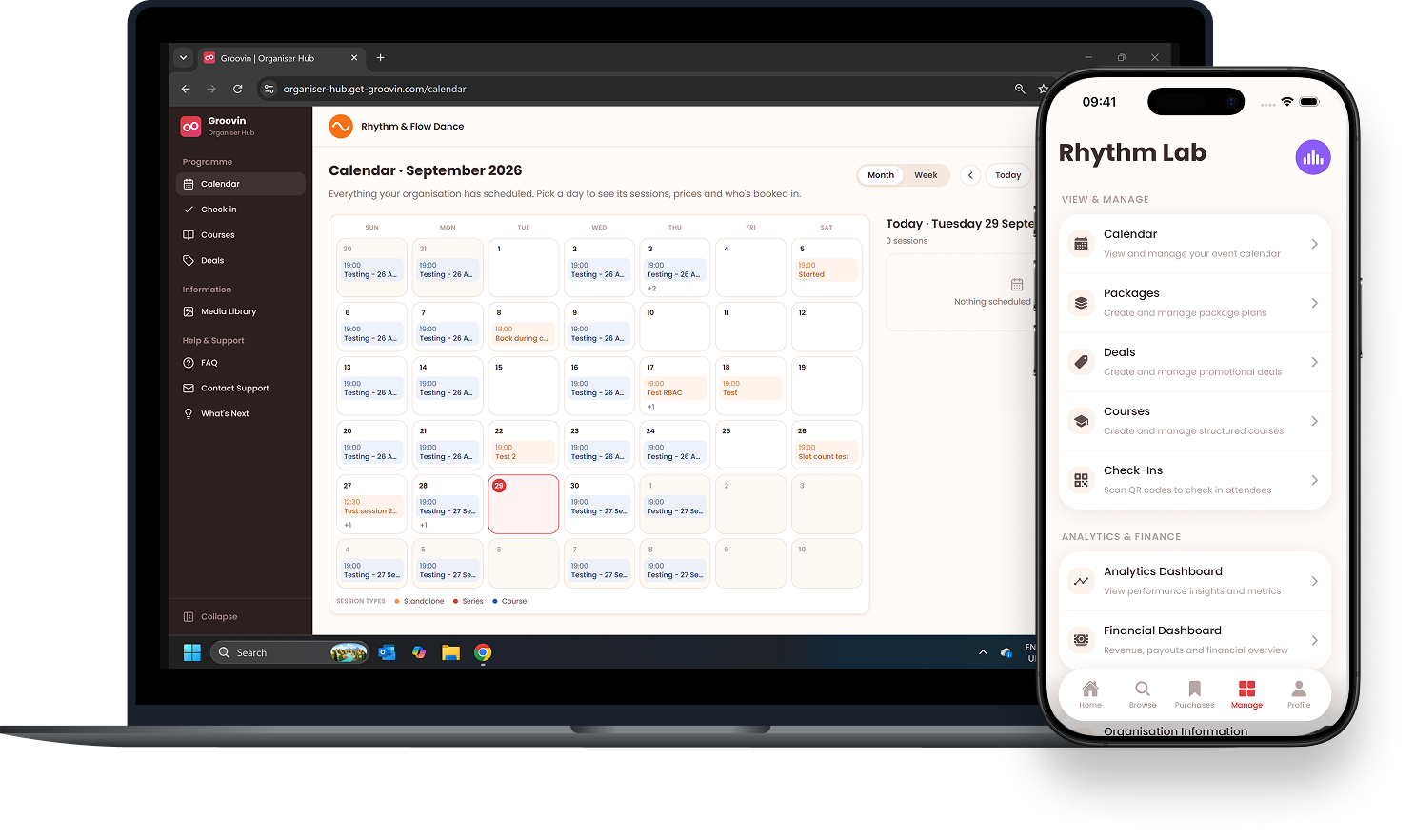 The Groovin organiser hub on a laptop, and the manage screens on a phone